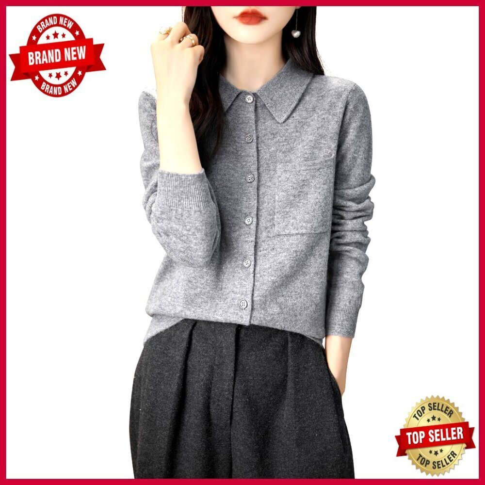 Merino Wool Cardigan Sweater Long Sleeve Polo Neck Pocket Spring Basic
